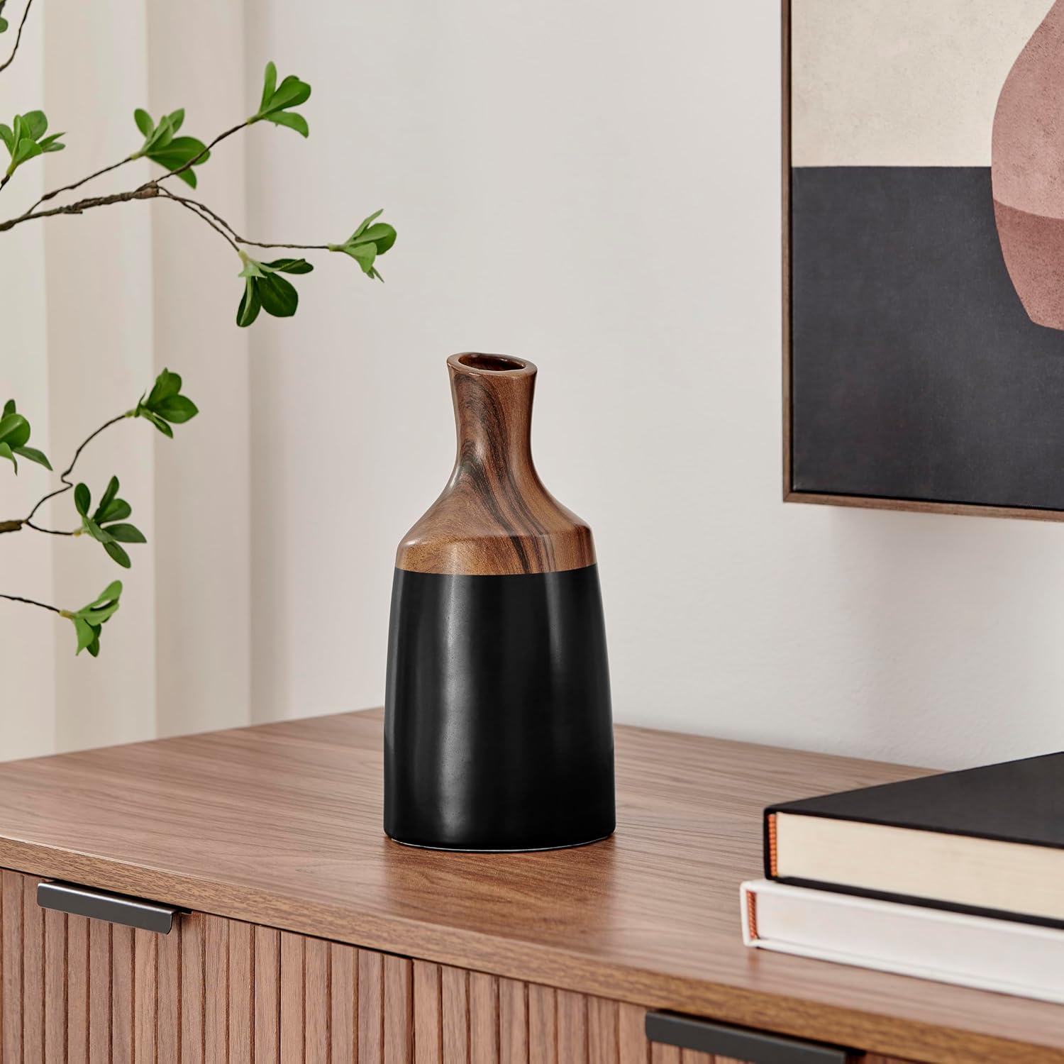 Milo Kande Carafe Modern Two Tone Tabletop Vase - Black and Walnut - Large or Small (Small)