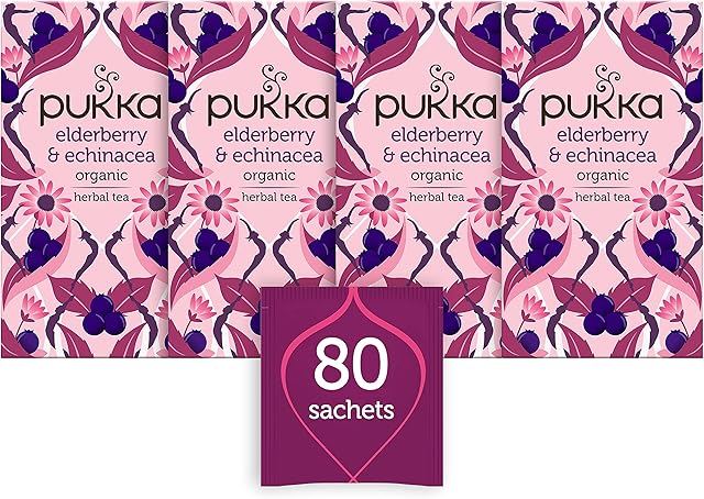 Pukka Organic Elderberry and Echinacea with Elderflower Teabags, 40 g, 20 Count (Pack of 4)