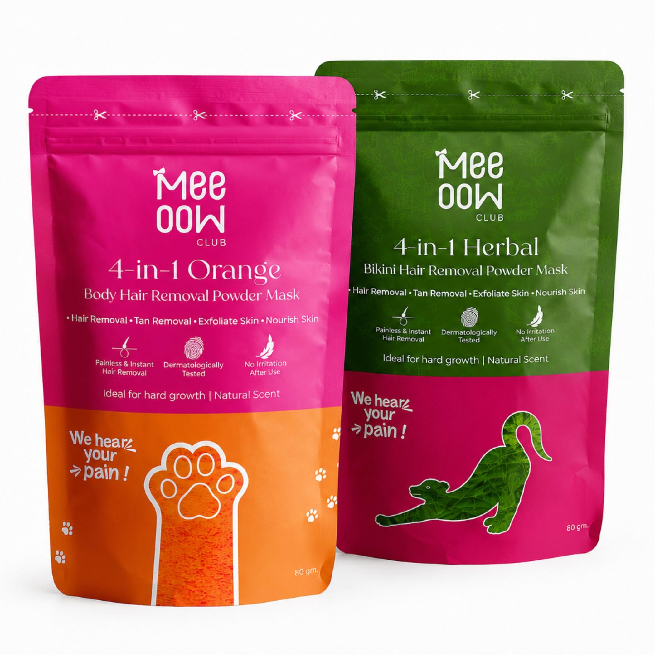 MEEOOW CLUB 4-in-1 Orange Body & Herbal Bikini Hair Removal Powder Mask Combo for Women | Hair Removal, De-Tan, Exfoliation & Nourishment | 80 g Each, Pack of 2-image-14