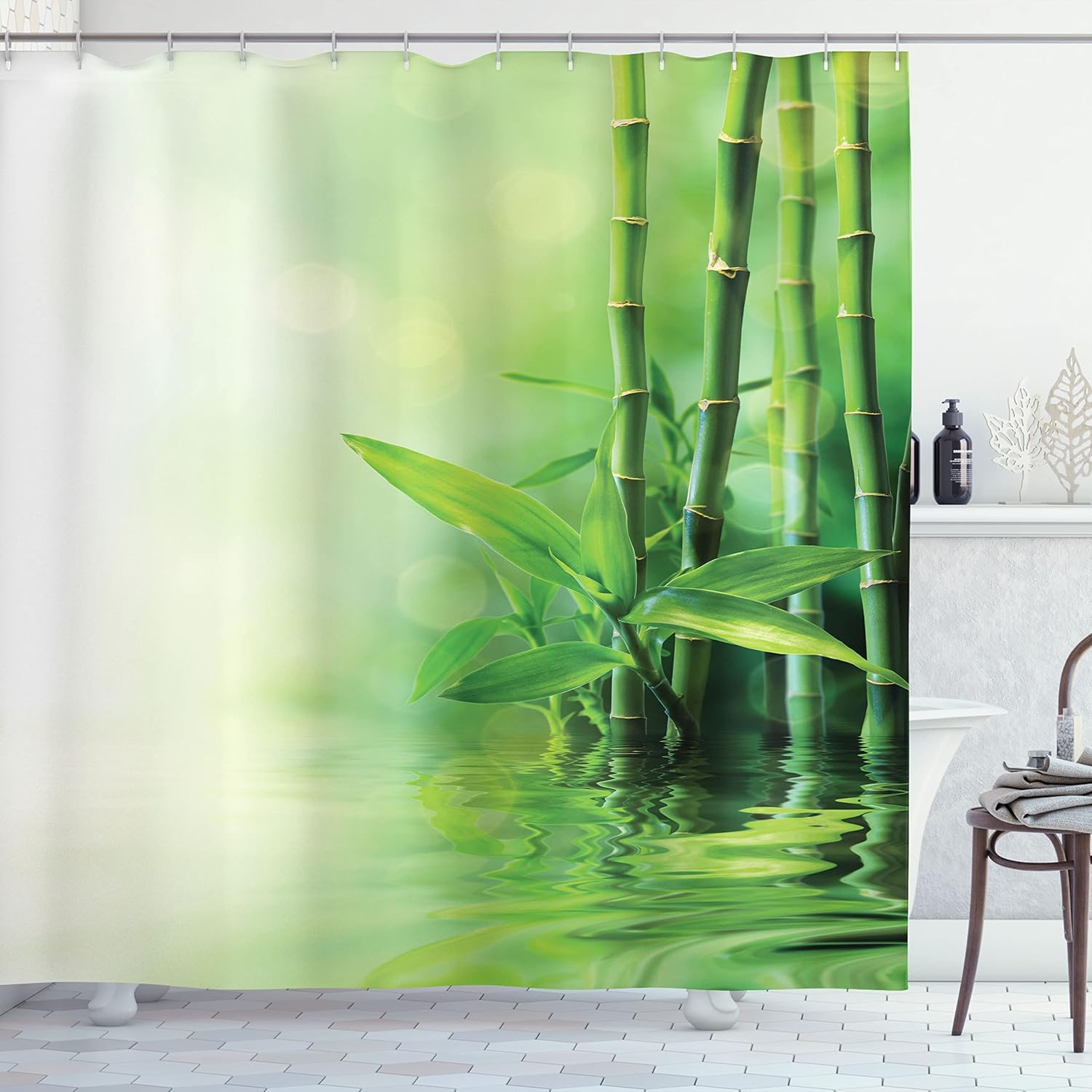 Ambesonne East Shower Curtain, Bamboo Stalks Reflection on Water Blurs Freshness Japanese Nature Spa, Cloth Fabric Bathroom Decor Set with Hooks, 69" W x 75" L, Green Pale Yellow