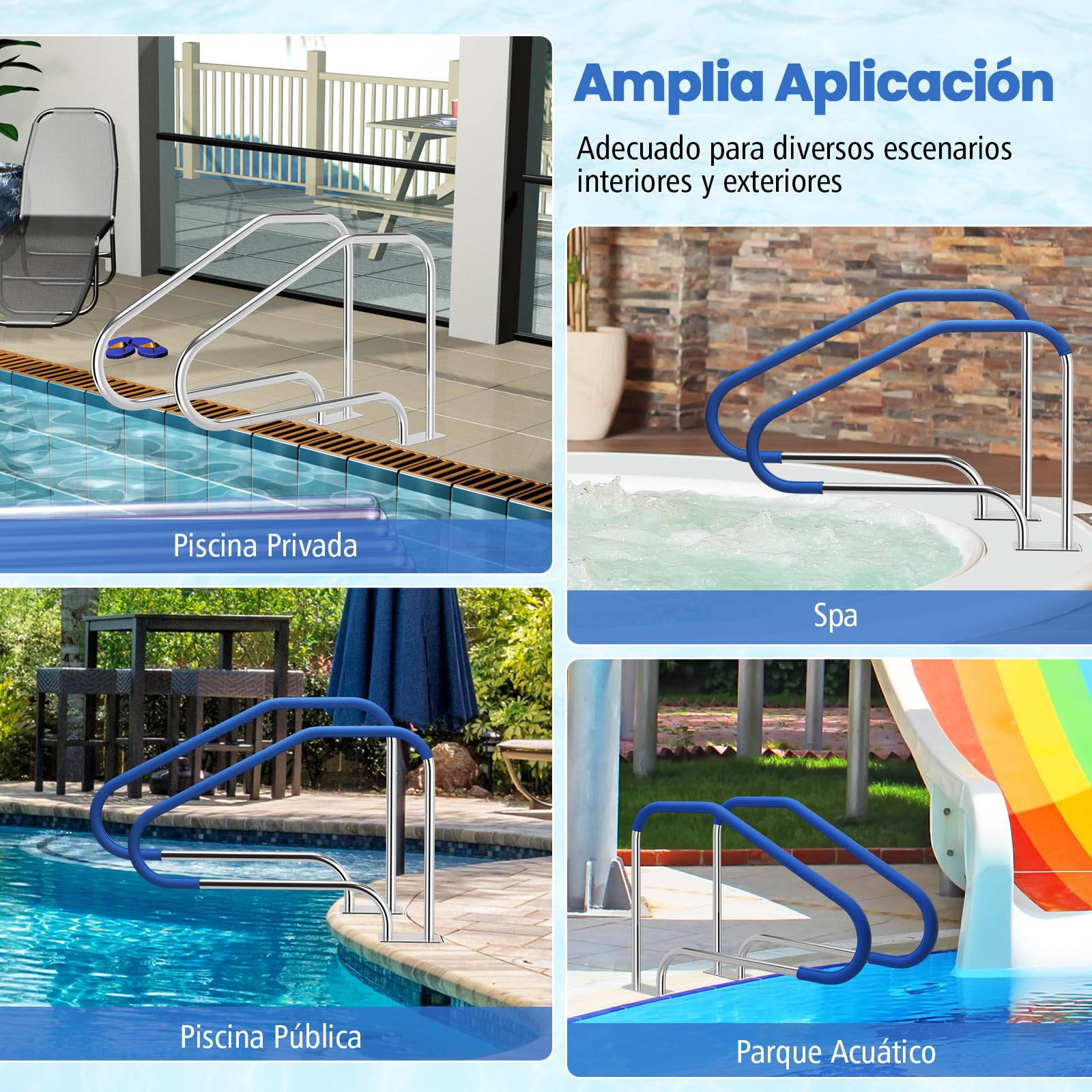 COSTWAY Barandilla Piscina de Acero Inoxidable 304, Pasamanos de Piscina de 119 x 79 cm, Carga 250 kg, con Funda Antideslizante Extraíble y Base de Instalación Rápida, para Escalera Piscinas, SPA (1)