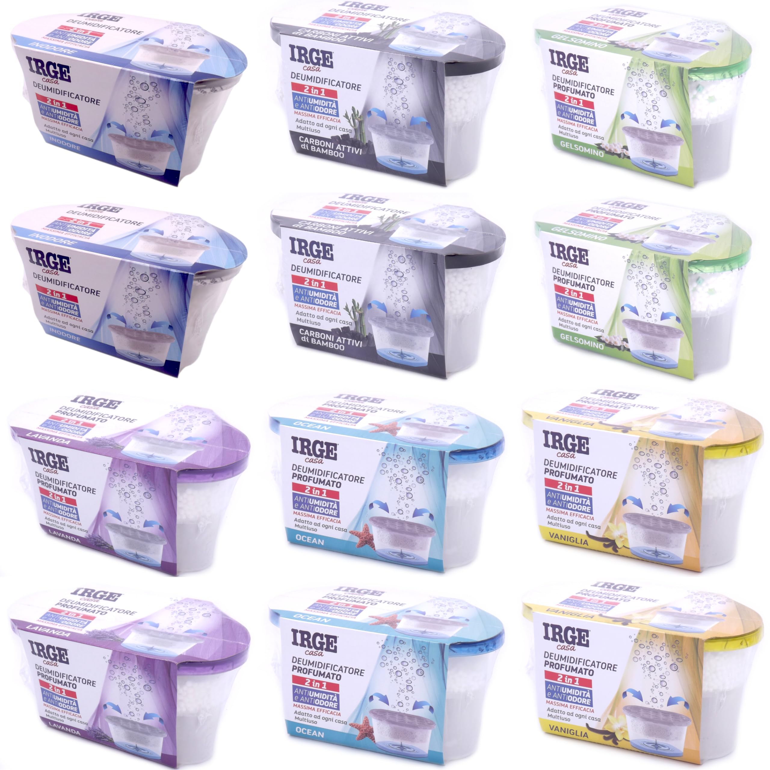 SET 12 vaschette 400ml assorbi umidità INODORE CARBONI GELSOMINO LAVANDA OCEAN VANIGLIA anti odore muffa deumidificatore sali per bagno cucina camper caravan roulotte ripostiglio dispensa armadio
