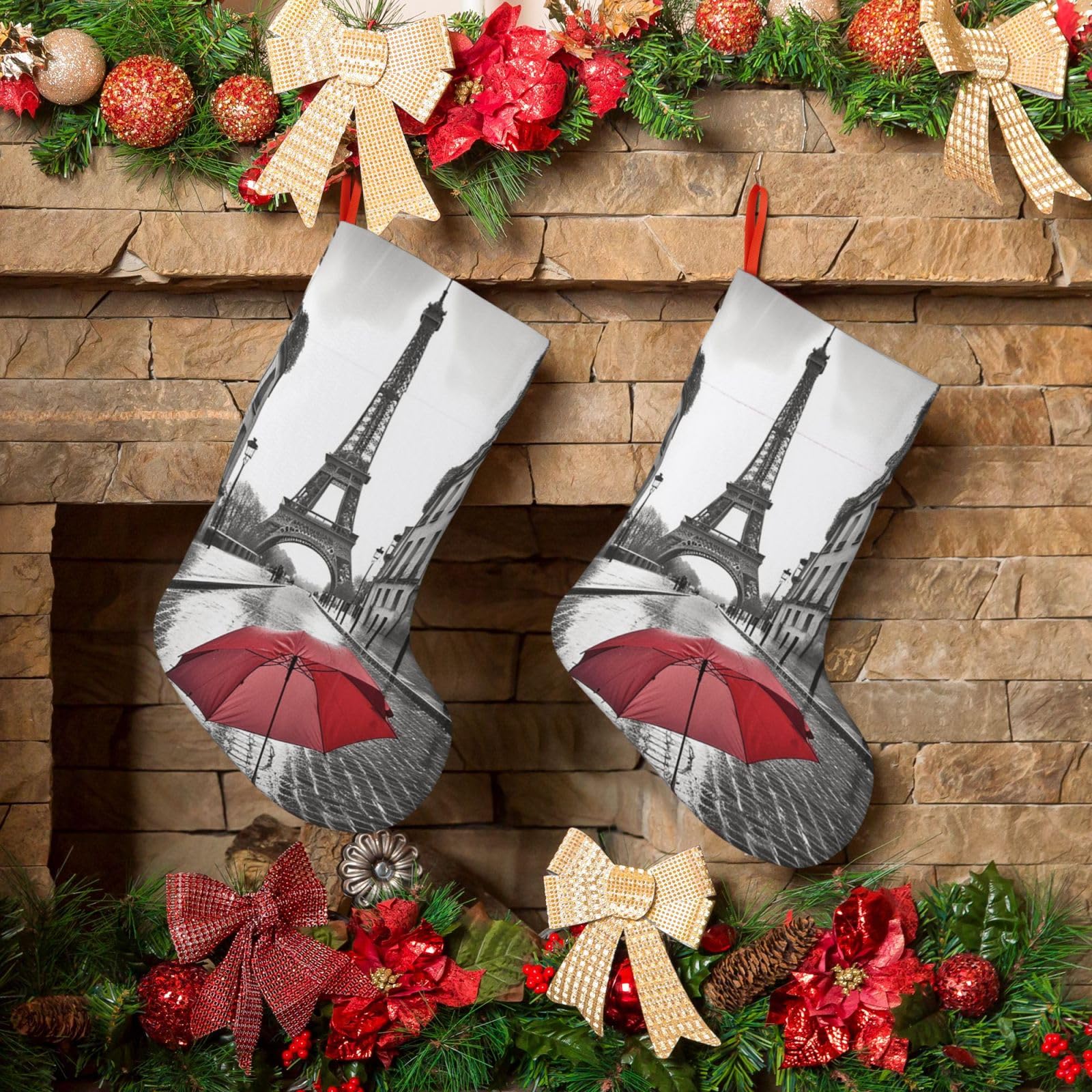 KLOPH Christmas Stockings 18" Personalized Xmas Stocking Eiffel Tower Paris Street Red Umbrella Decoration Stockings Hanging Ornaments Fireplace Stocking for Holiday Xmas Tree Christmas Decor