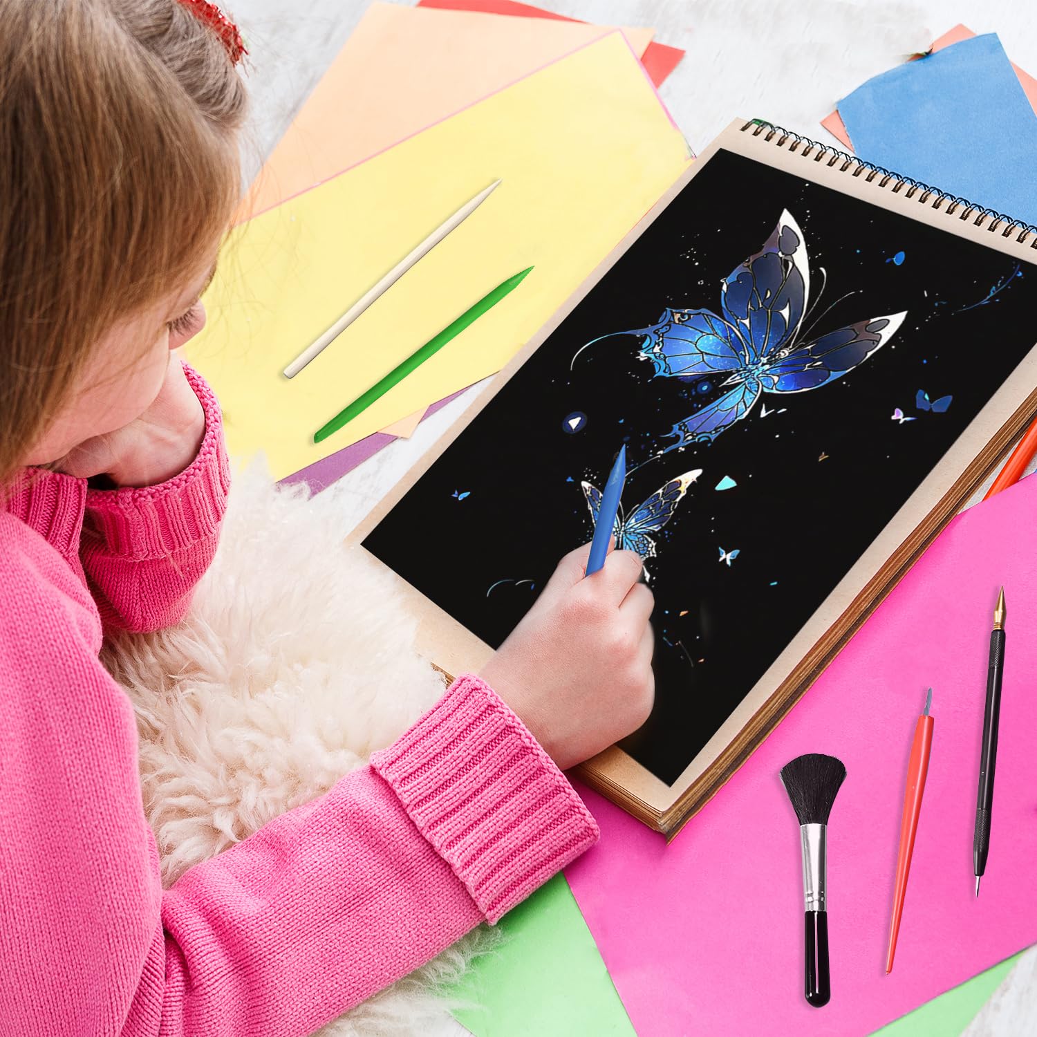 VLYX Scratch Art for Adults and Kids - 8-Piece Rainbow Scratch Notes Kit with Scratching Tools, Creative Art Supplies Children & AdultsButterfly & Whale - Image 2