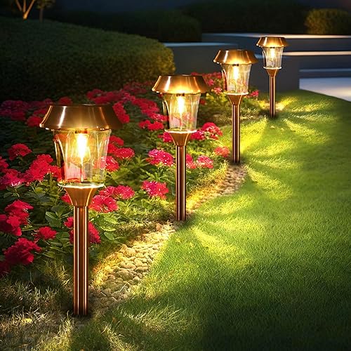 Luces solares de jardín impermeables para exteriores, lámparas de camino de acero inoxidable y vidrio, 12-25 LM regulables del atardecer al