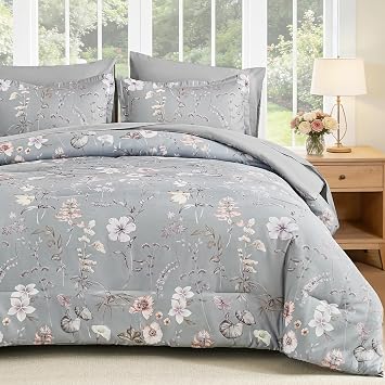 DJY King Comforter Set, Grey Botanical Floral Comforter Sets King Size for All Seasons, 7 Pieces Bed in a Bag Lightweight Microfiber Bedding Comforter Set with Sheets Pillowcases & Shams