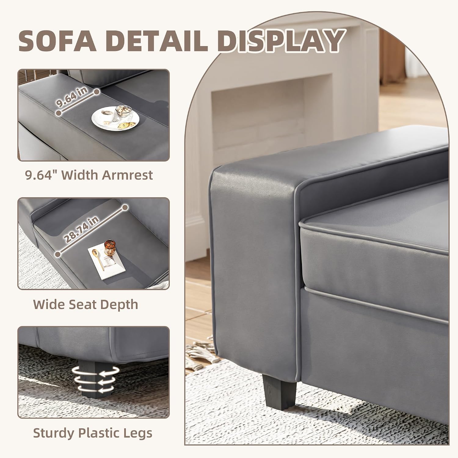 3 Seater Sofa Couch with Deep Seats, 84" Comfy Leathaire Fabric Sofa, Mid Century Modern Upholstered Sofa with Armrests, Comfy Couches for Living Room, Bedroom, Apartment and Office