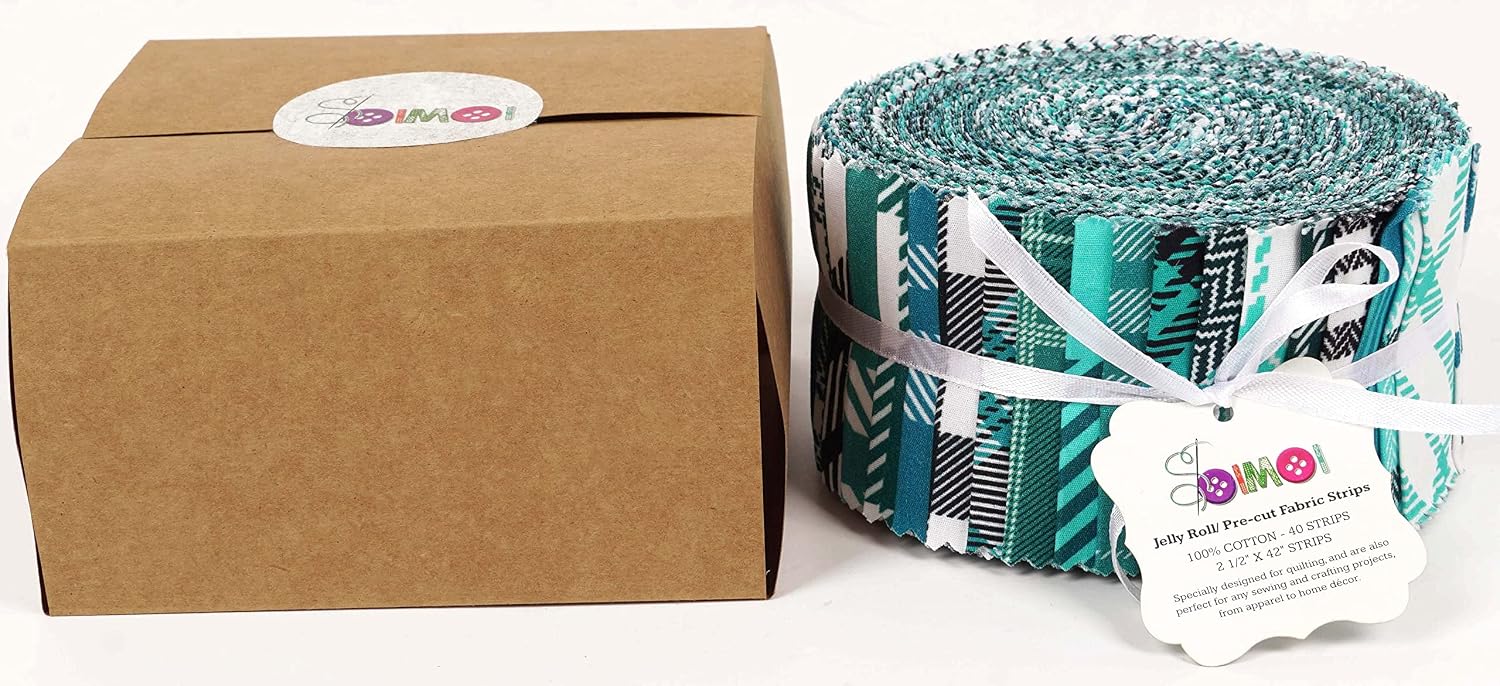 Soimoi 40Pcs Check & Tartan Print Cotton Precut Fabrics for Quilting Craft Strips 2.5x42inches Jelly Roll - Teal Blue