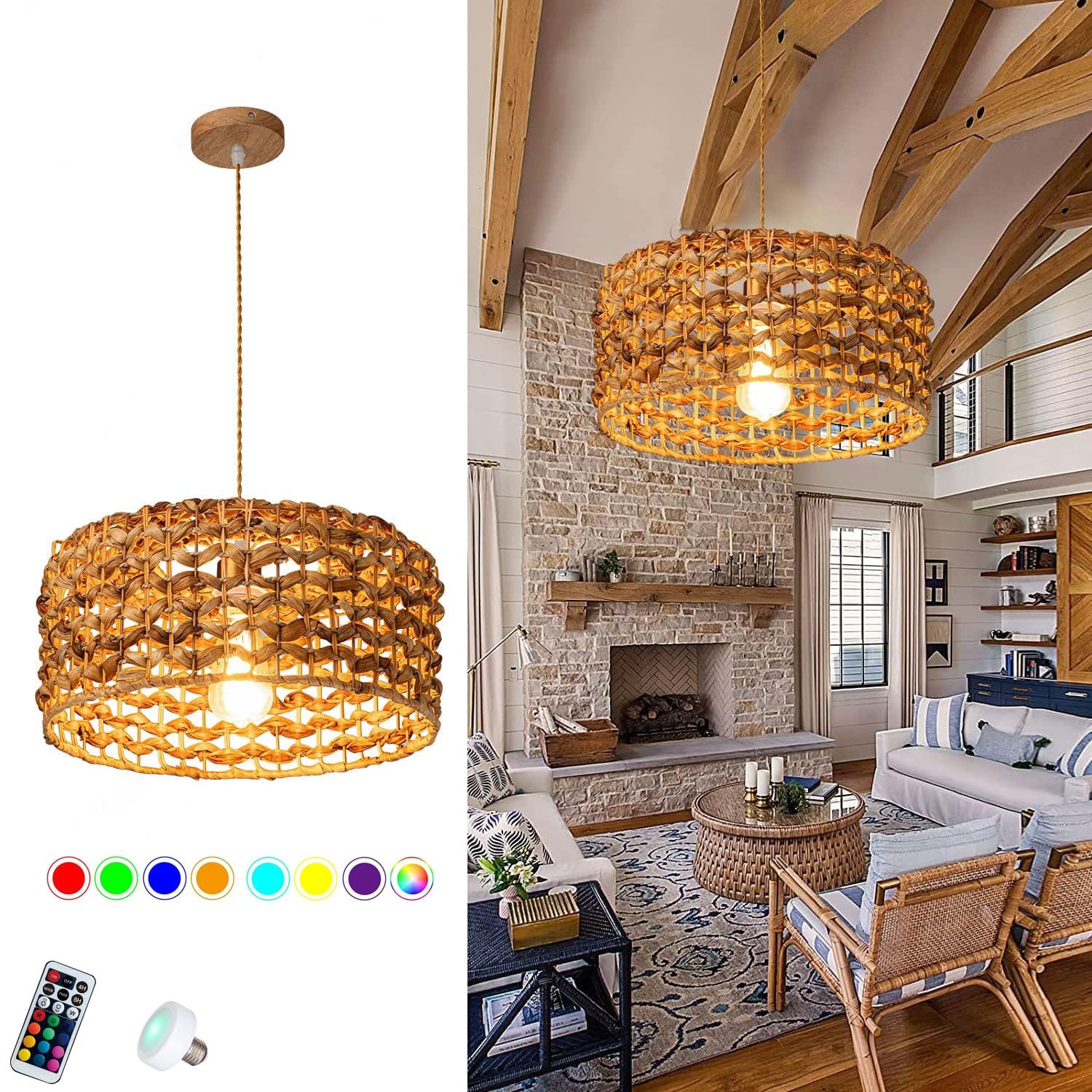 LYMSXAZOU Pendant Lamp Rattan Chandelier,Hand-Woven Bamboo Hanging Lamp, Boho Wicker Chandeliers, with Bulb & Remote Control Lights for Dining Living Kitchen Farmhouse Light Fixtur