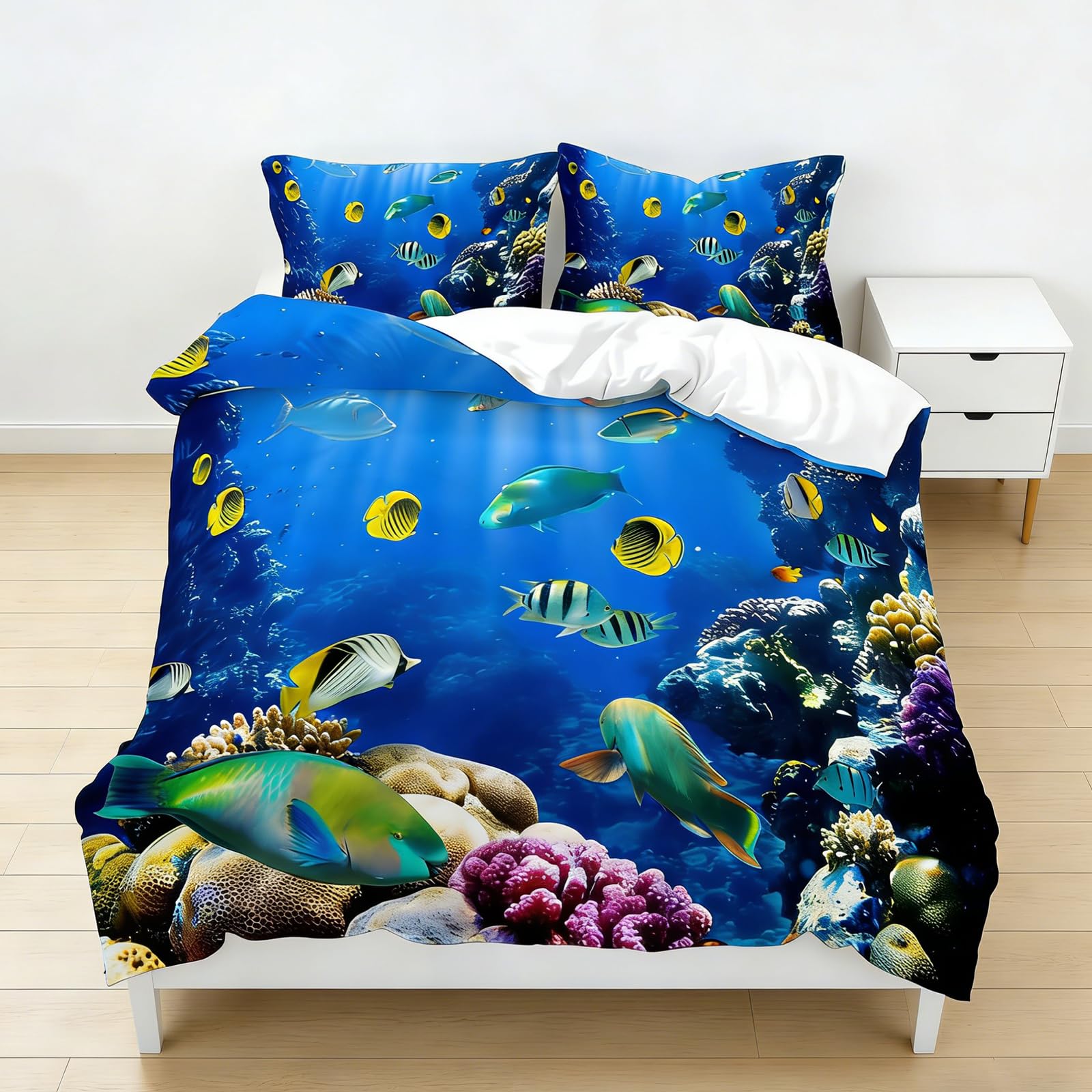 Juego de Ropa de Cama de Animales Marinos 3D, delfín, pez Tropical, Coral, Funda nórdica Vida Marina, Funda nórdica Mundo Submarino Azul para niños(C, 220 x 240 cm)