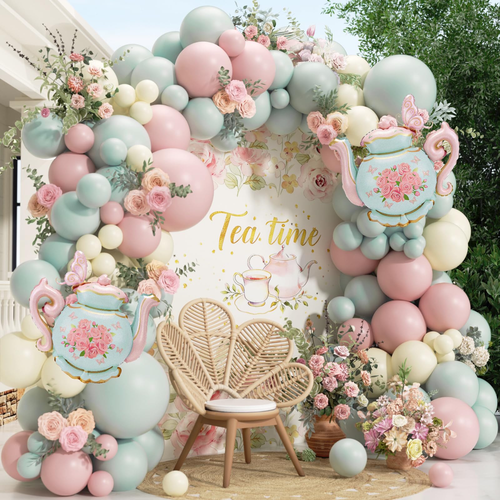Photo 1 of 128pcs Tea Party Balloon Arch Kit with Pastel Teal Blue Pink Yellow Balloons for Tea Party Baby Shower Birthday Decorations for Women