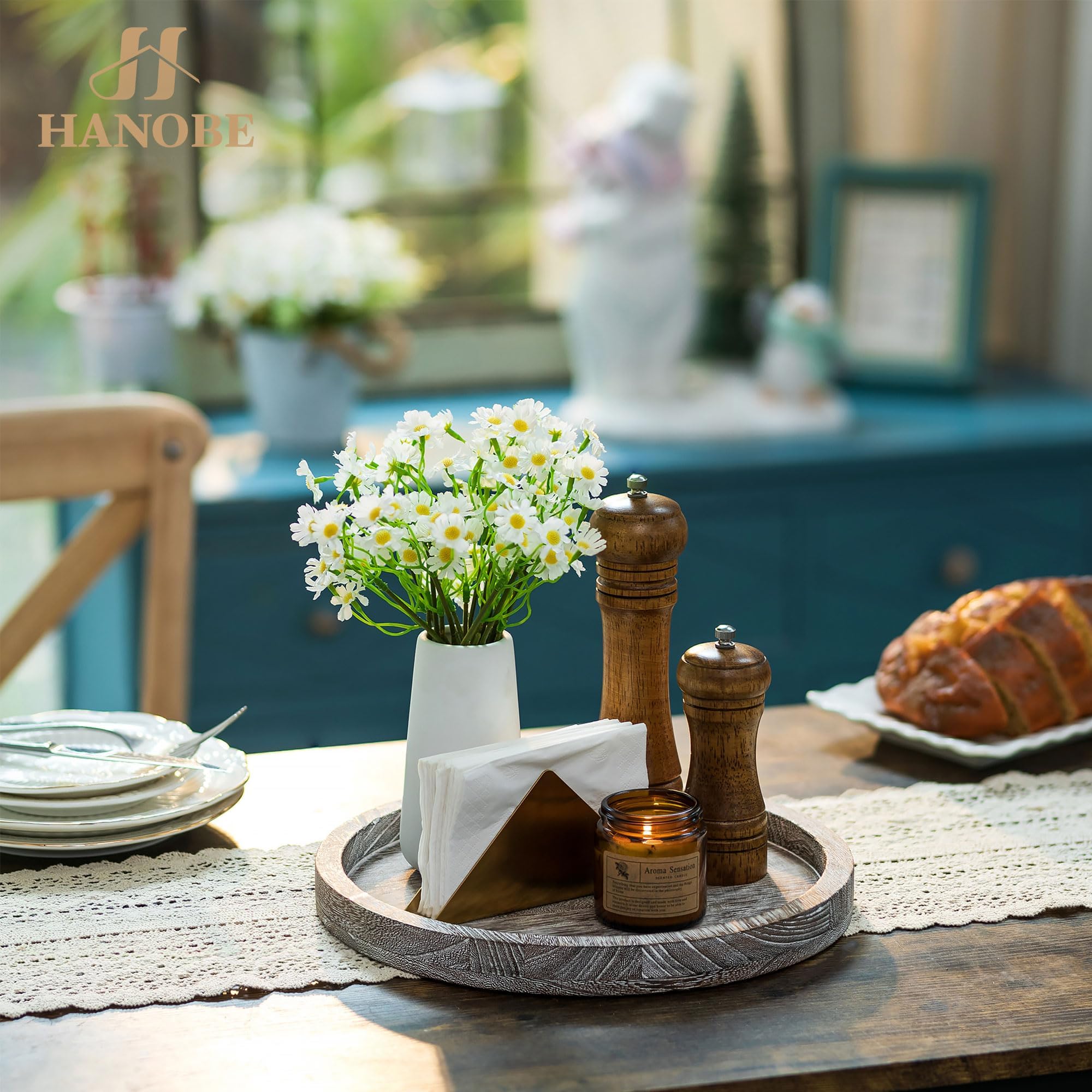 Hanobe Plateau de service décoratif en bois : assiette ronde en bois rustique blanchi à la chaux