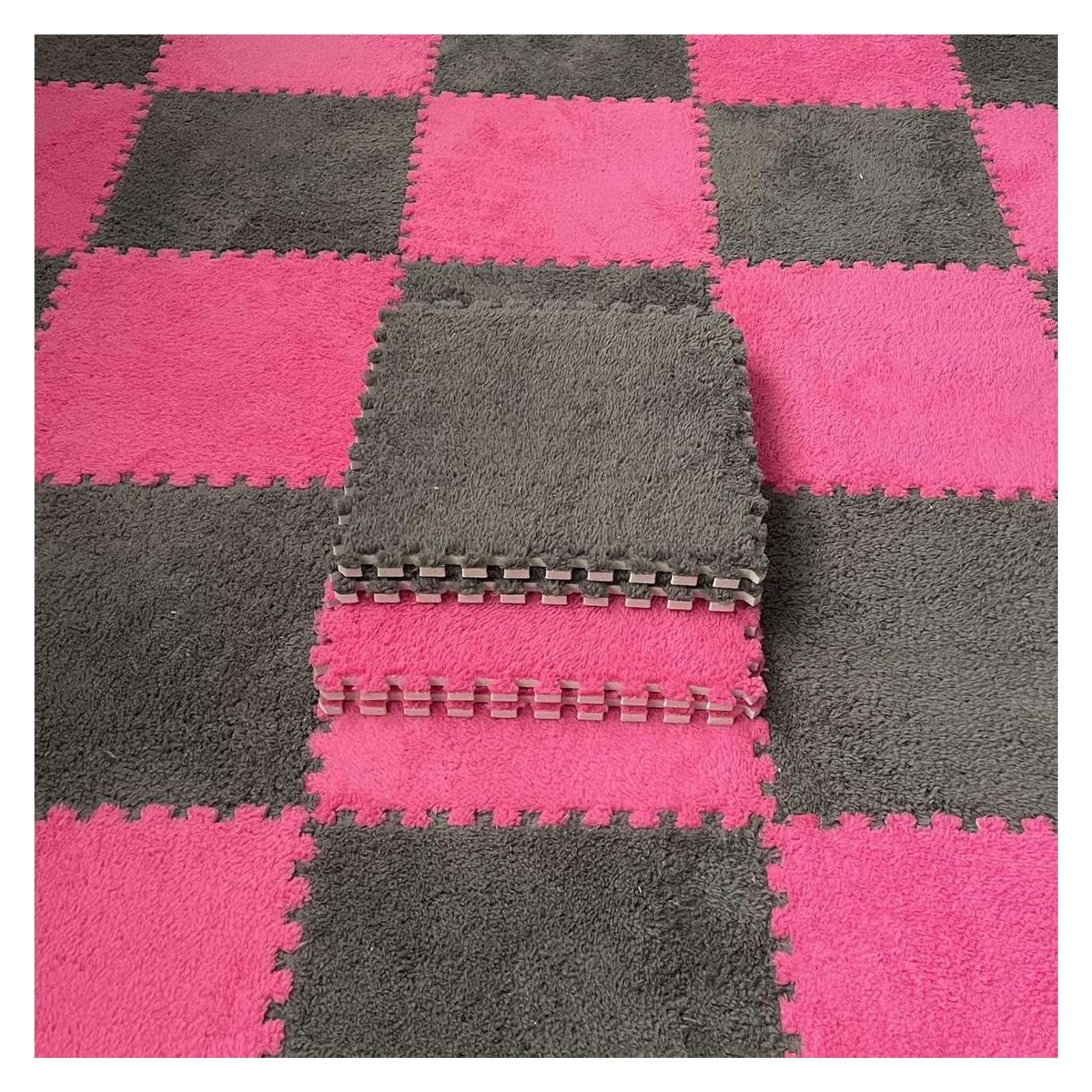 12 szt. Mata do zabawy z płytek dywanowych pluszowej pianki w kwadraty obramowaniem, układanki puszystych(Rose Red+dark Gray)