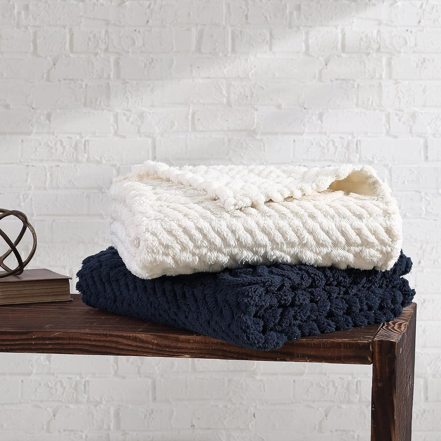 Navy Heavyweight Cable Knit Sherpa Reversible Blanket