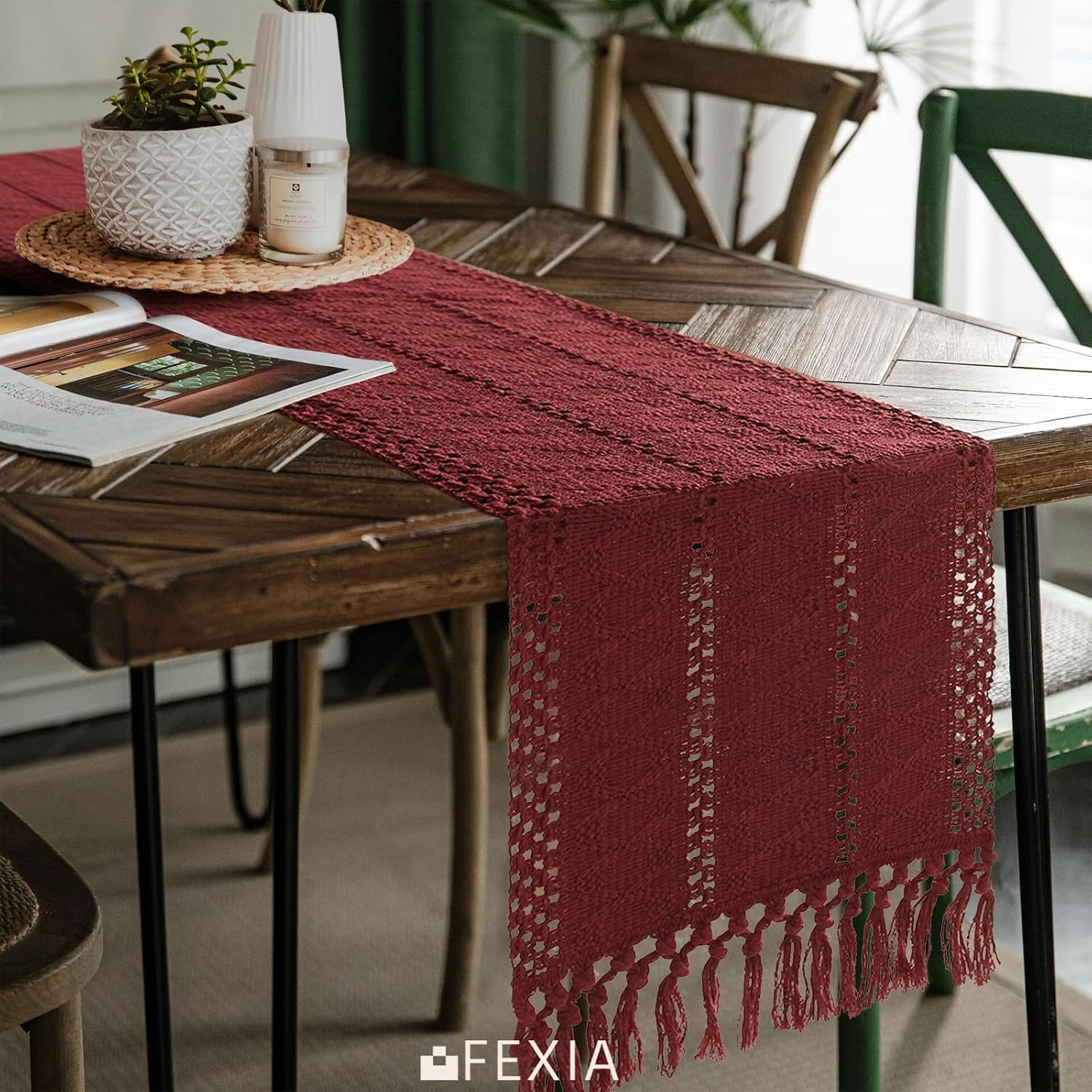 FEXIA Burgundy Red Table Runner with Tassels 12x90 Inch for Fall Home Decor image 4