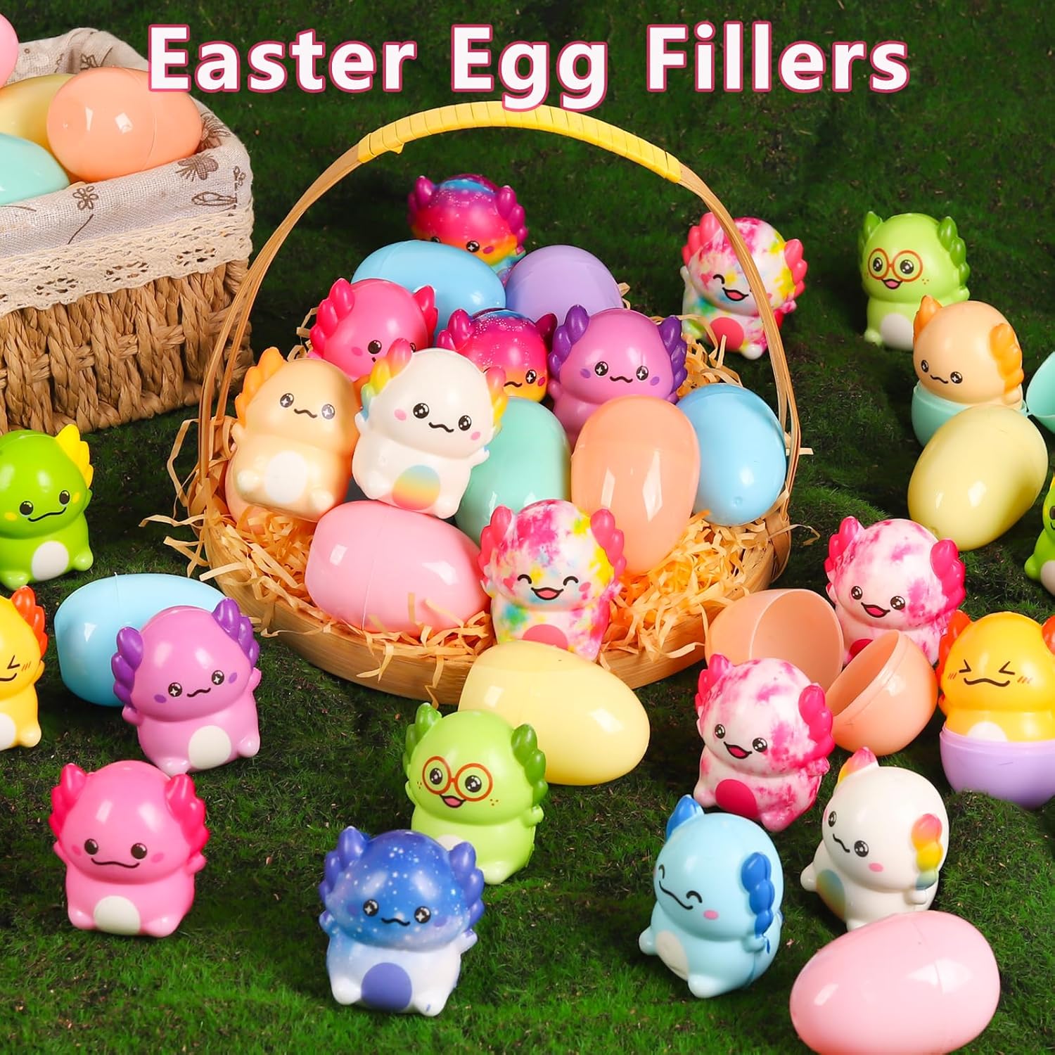 Prefilled Easter Eggs with Toys for Kids Toddlers Bulk - Pre Filled Axolotl Easter Squishy Animal Stuffers Stuffed Egg Hunt Prizes