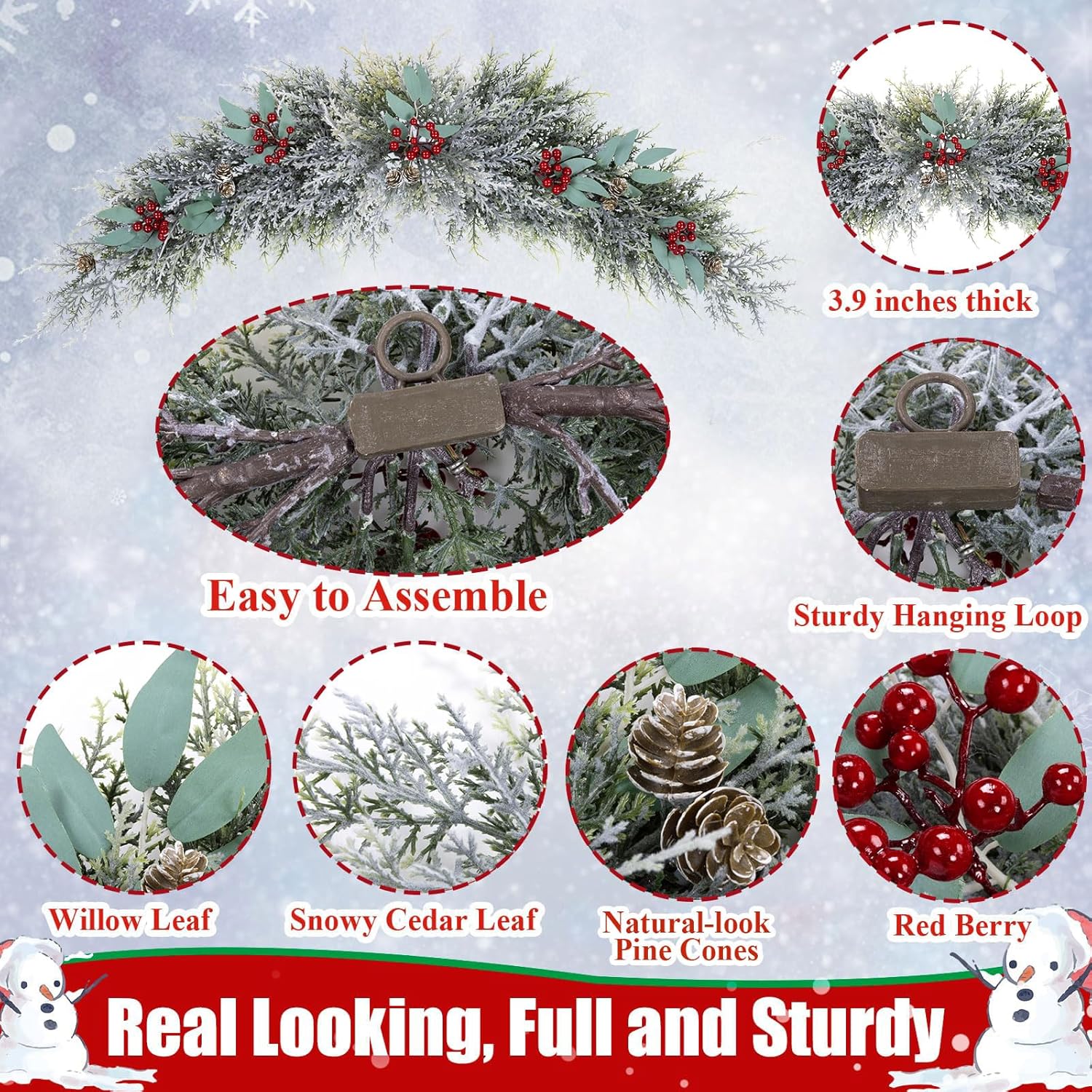 U'Artlines Christmas Swag for Front Door Artificial Decorative Swag with Pine Cone, Berries for Indoor & Outdoor Window Wall Fireplace Mantle Home Holiday Xmas Decor (43" Frost White)