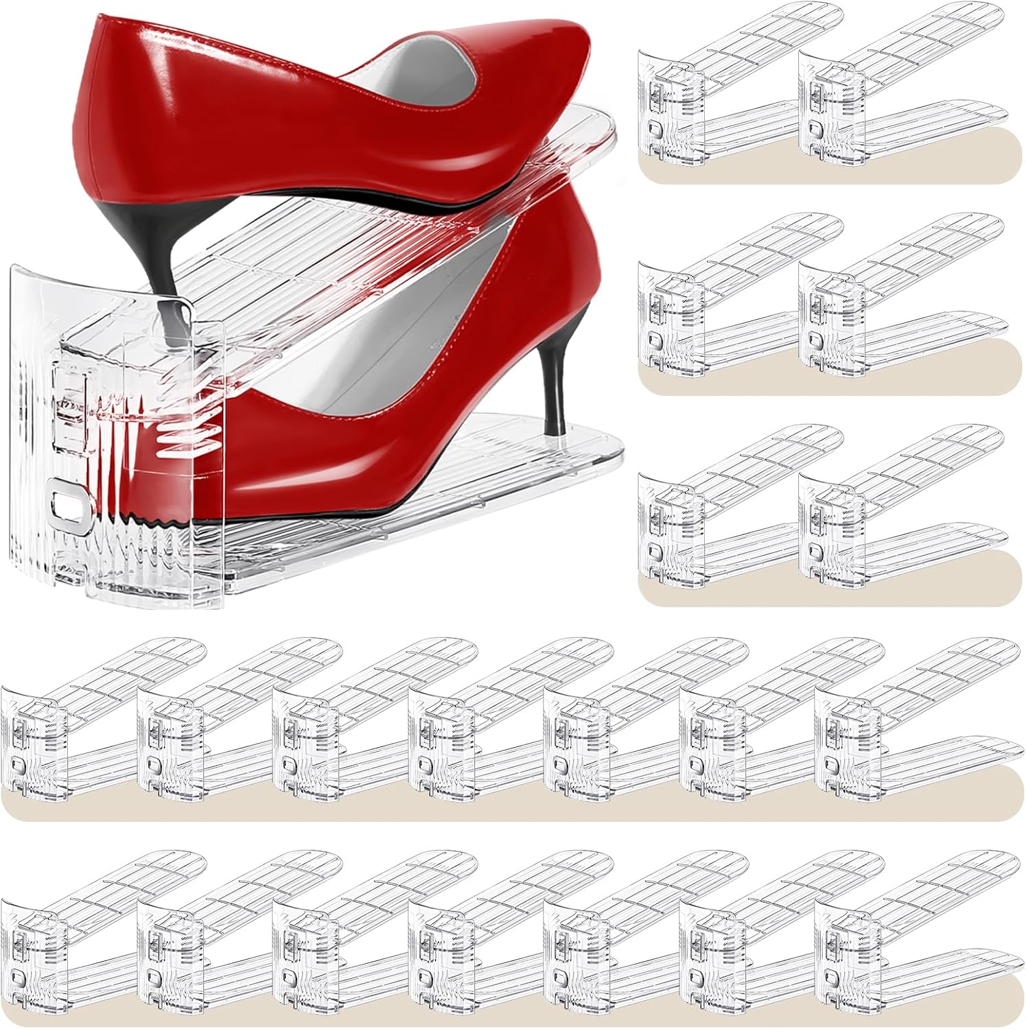 Shoe Slots Organizer 20 Pack - Shoe Stackers, 3 Levels Adjustable, Space Savers 50%, Double Layer Holders for Closet (Transparent), Organizador de Zapatos