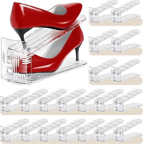 Organizador de ranuras para zapatos, paquete de 20, apiladores de zapatos, 3 niveles ajustables, ahorro de espacio del 50%, soportes de doble capa