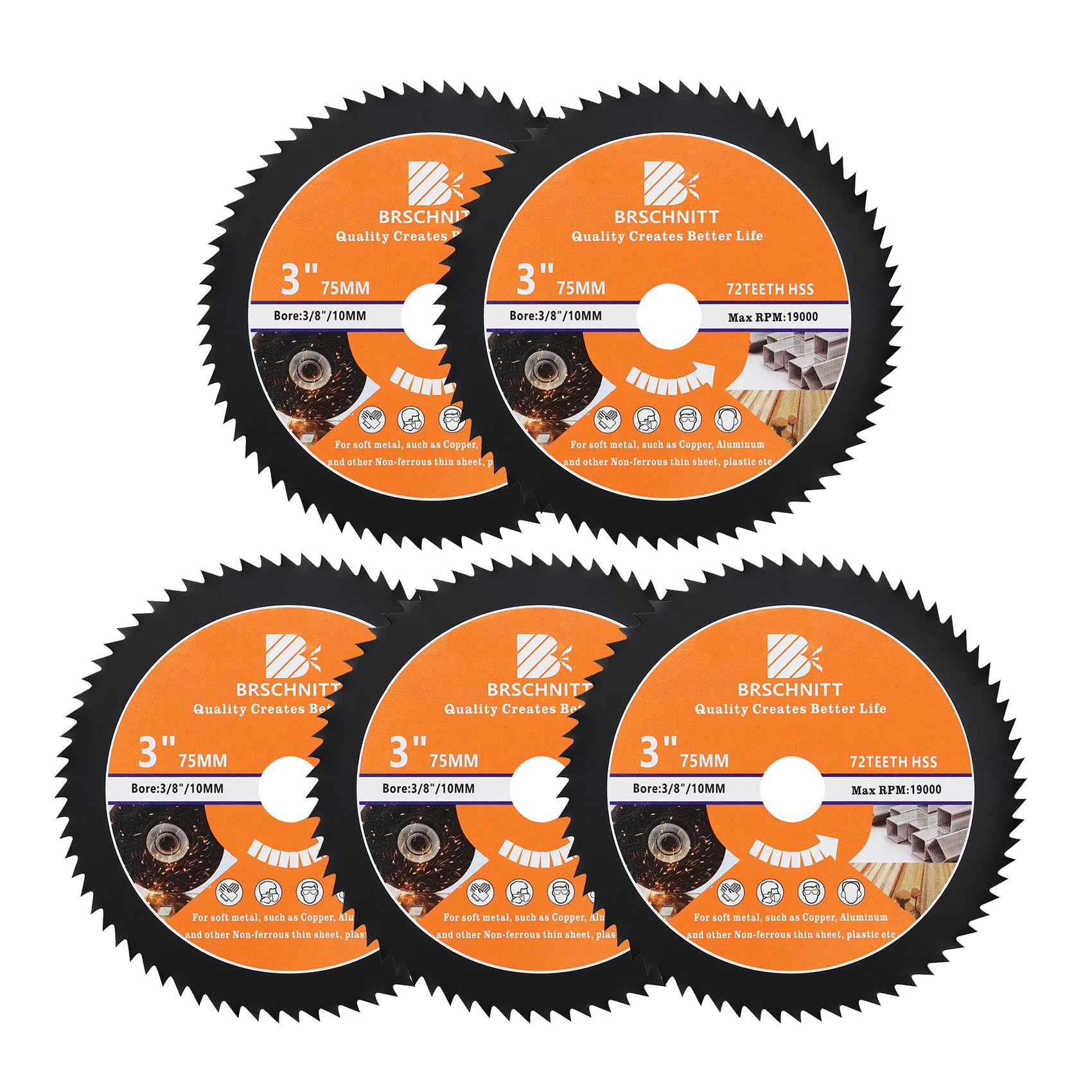 HSS Circular Saw Blade 3inch - BRSCHNITT 5pcs 72T 10mm Bore Cutting Discs for Wood, Copper, Aluminum, Plastic and Soft Metal