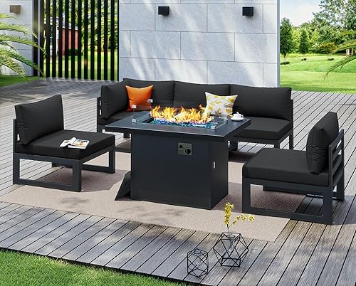 Miniatura 161 de NICESOUL 7 Piece White Powder-Coated Aluminum Patio Furniture with Fire Pit Table, 29 Inch Extra Wide Outdoor Sectional Sofa for 6, High-End Heavy