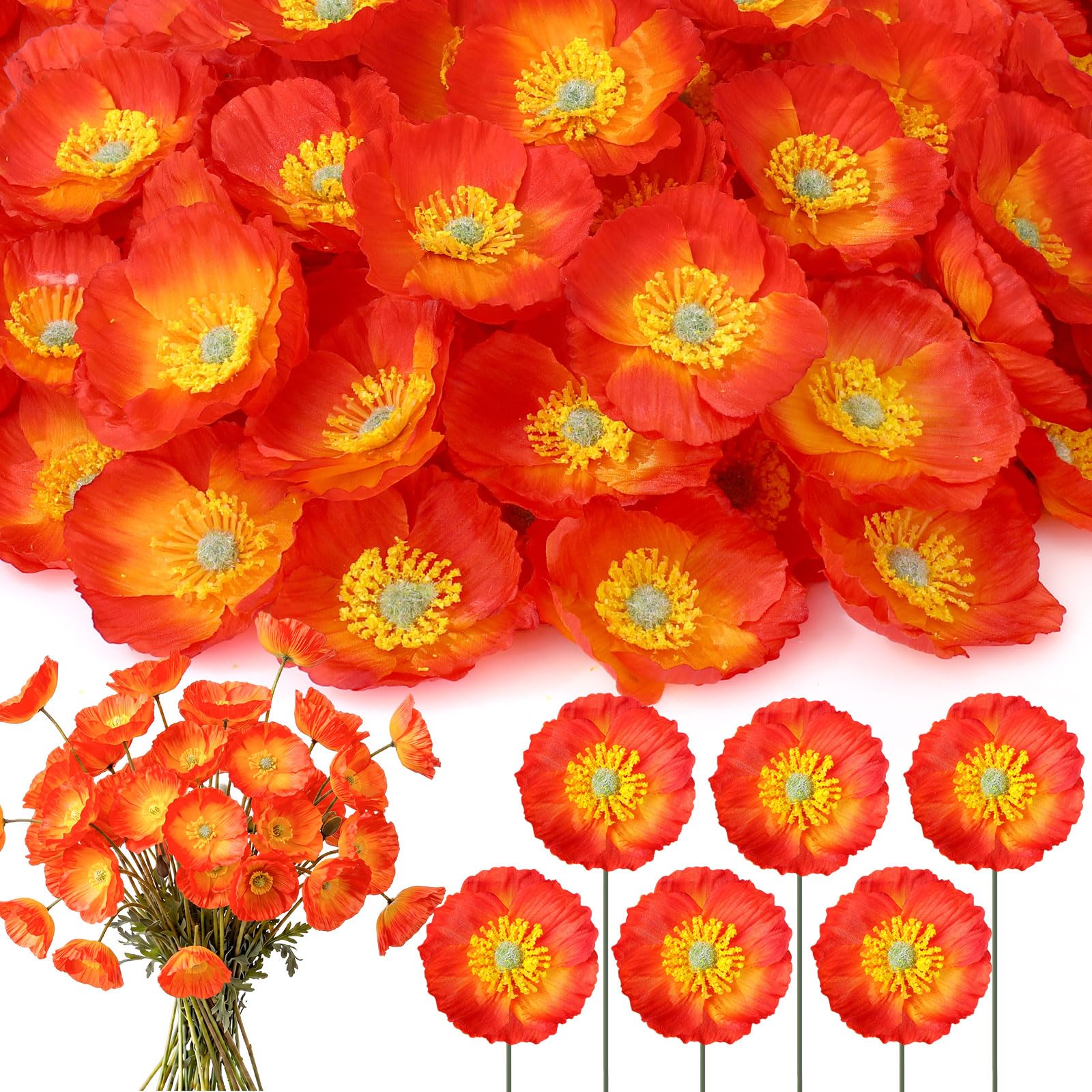 Photo 1 of **INDIVIDUAL FLOWERS**** Rivvlive 100 Pcs Orange Artificial Poppies, Silk Poppies with Stems, Faux Flower Bulk for Wedding, Home Party Decor, Table Centerpieces, Floral Arrangement