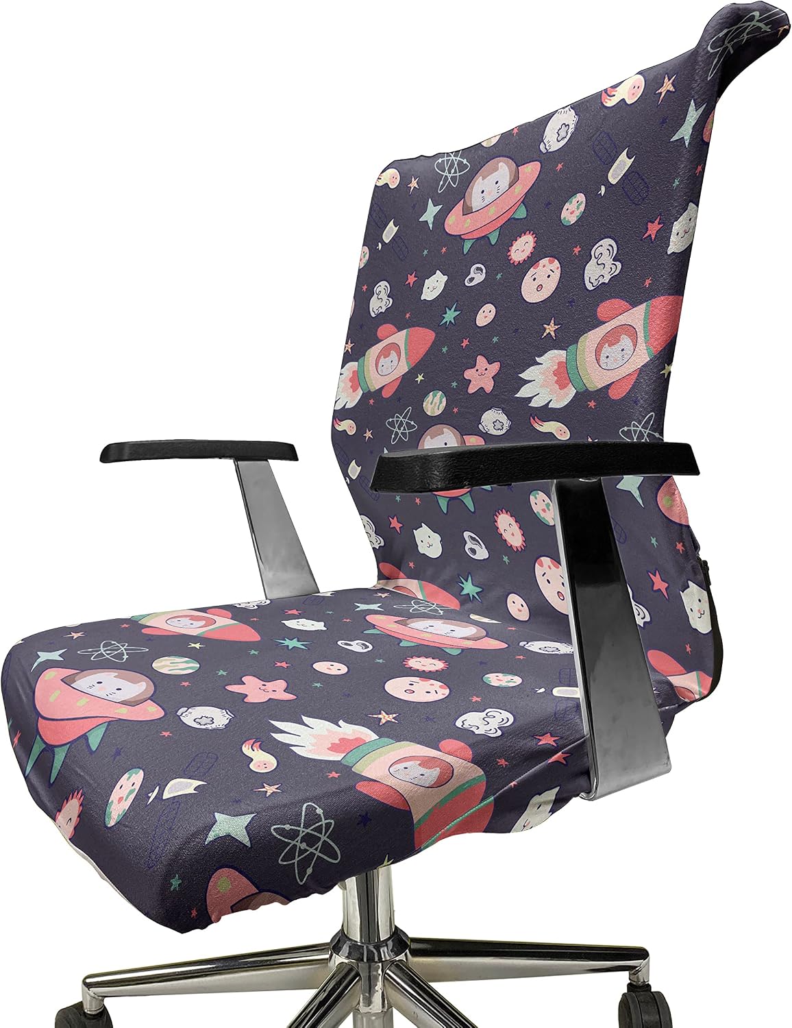 Ambesonne Space Office Chair Cover, Japanese Kawaii Cat Traveling in a Rocket Stars and Funny Elements, Stretchable Decorative Universal Size High Back Printed Slipcover, Purple Coral