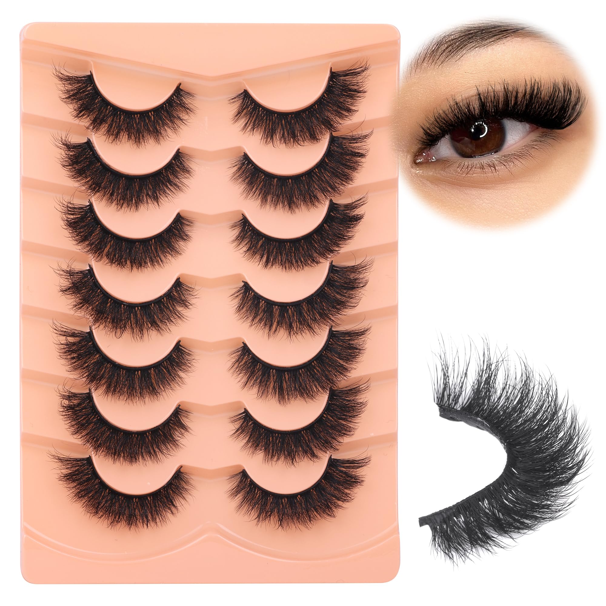 Boahankuke False Eyelashes Mink Lashes Full 18MM Cat Eye Lashes D Curvature Wispy Fake Lashes 8D Natural Strip