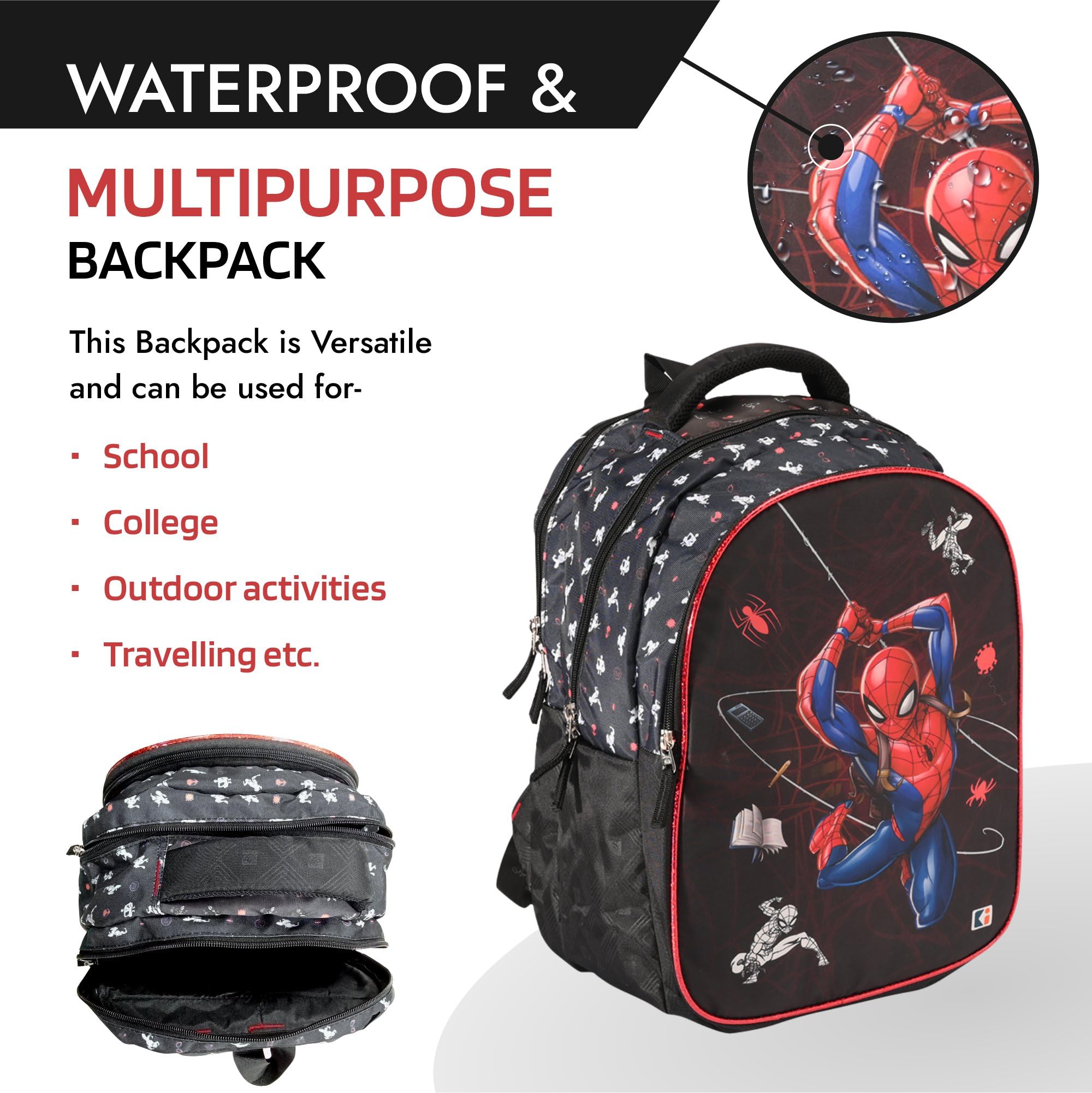 Kuber Industries Plecak szkolny Marvel Spiderman dla chłopców i dziewcząt, plecak podróżny z 4 przegródkami, wodoodporna torba na książki, torba do codziennej rutyny, torba szkolna, dla dzieci, czarny