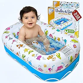 Mommy's Helper Banheira Inflável Para Bebês Com Tema "Fundo Do Mar", Dobrável E Segura, Com Assento Antiderrapante Tipo Sela, Item Essencial Para Viagens E Ideal Para Crianças De 3 A 18 Meses.