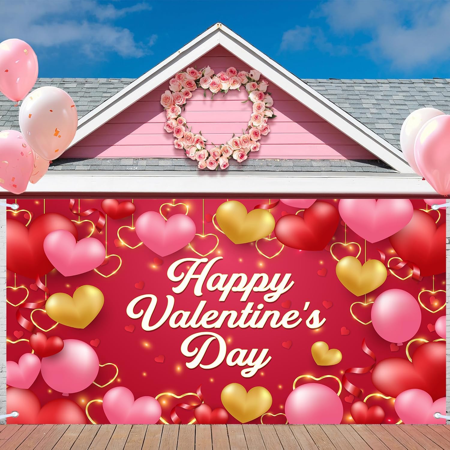 Valentines Day Garage Door Cover Banner Decorations, Romantic Red Pink Heart Shape Balloon Valentine's for Lover Outdoor Extra Large Car Garage Door Murals Buddy Decorations 16 X 7 Ft