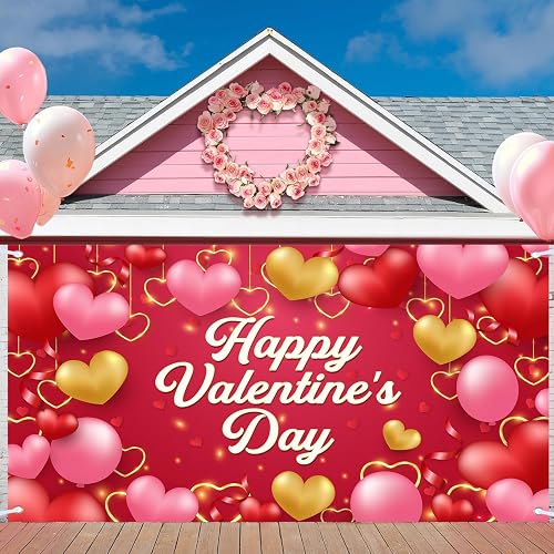 Valentines Day Garage Door Cover Banner Decorations, Romantic Red Pink Heart Sha