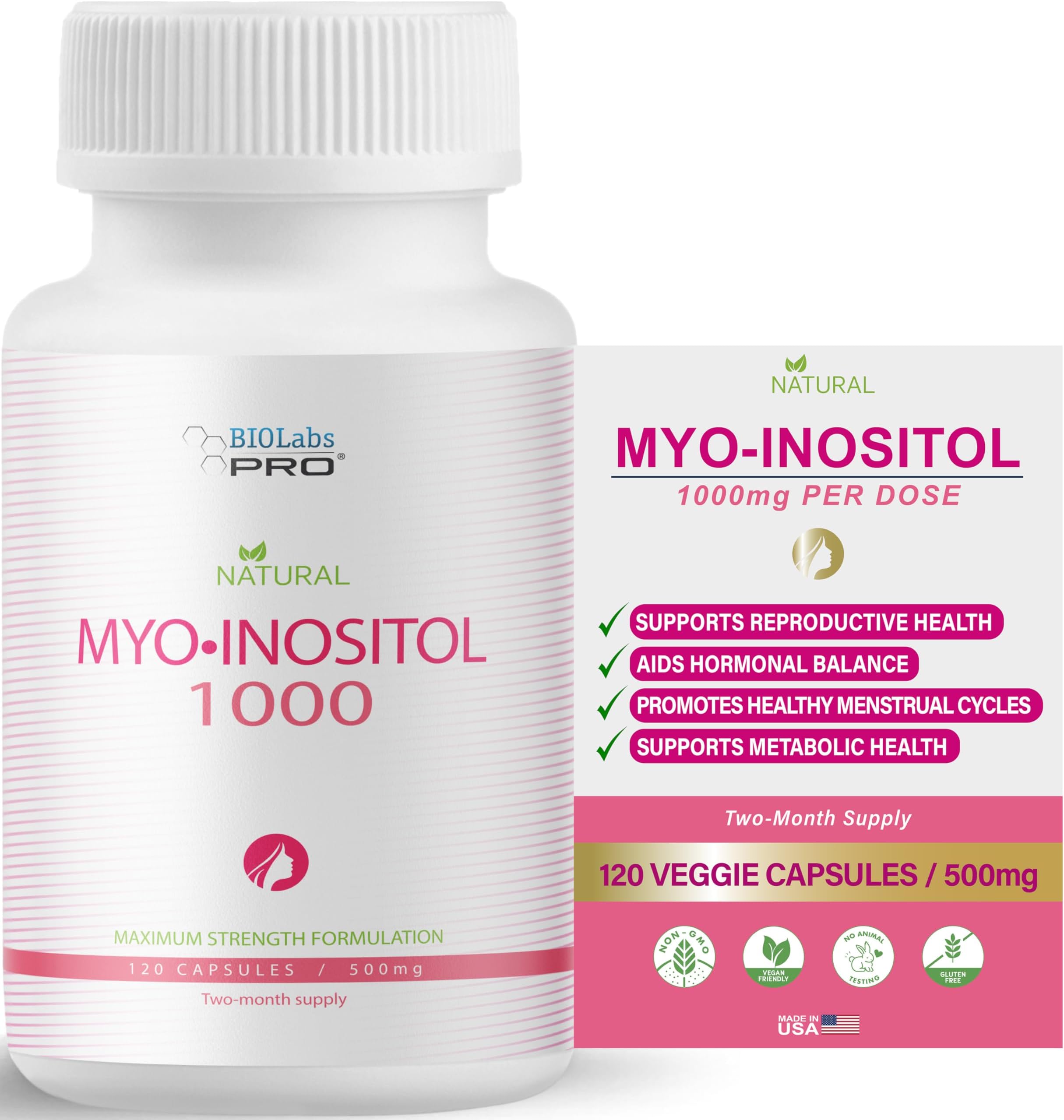 Myo-Inositol Supplement 1000mg – Natural Dietary Support for Cellular Health & Wellness, Premium Non-GMO, Gluten-Free, Kosher Certified, Paraben-Free - (120 Caps - 2-Month Supply)