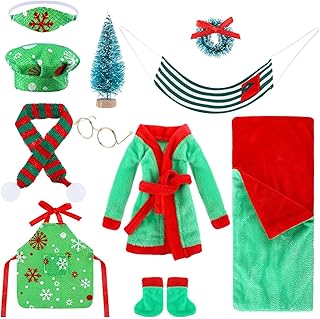 11 Pieces Christmas Elf Doll Accessories Set Include Elf Sleeping Bag Scarf Mask Bathrobe Shoes Hammock Apron Chef Hat Glasses Christmas Tree Xmas Wreath Fit for Elf Dolls, Doll is Not Included