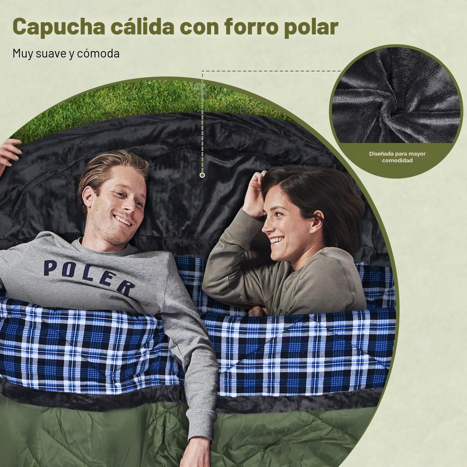 Saco de Dormir Doble de Franela de algodón con Capucha con Forro Polar, Impermeable, tamaño Queen, para 2 Personas, para Adultos, Clima frío, Camping, mochilero o Senderismo, 3-4 Estaciones