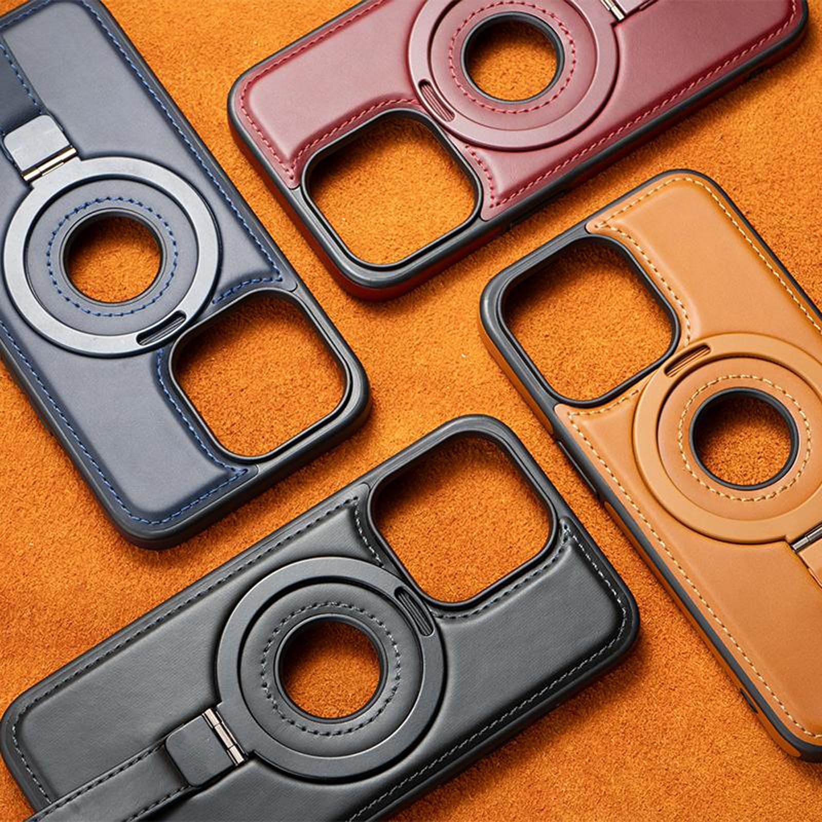 Skórzane etui do iPhone'a 16 Pro Max/16 Pro/16 Plus/16, etui na telefon z ładowaniem bezprzewodowym, podstawką na pierścień i pętlą na palec, logo View, brązowe, 16 Pro