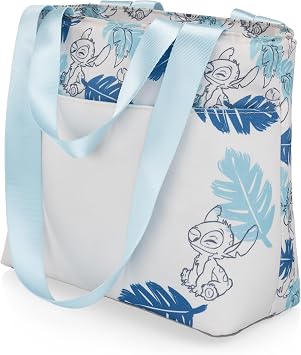 Picnic TIME Disney Lilo & Stitch 6 Can Cooler Tote Insulated Lunch Bag for Work Travel and Outdoor Use, Waterproof Interior, Strap, Soft Portable Lunch Box Cooler White with Blue Leaf Design