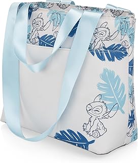 PICNIC TIME Disney Lilo & Stitch 6 Can Cooler Tote Insulated Lunch Bag for Work Travel and Outdoor Use, Waterproof Interior, Strap, Soft Portable Lunch Box Cooler (White with Blue Leaf Design)