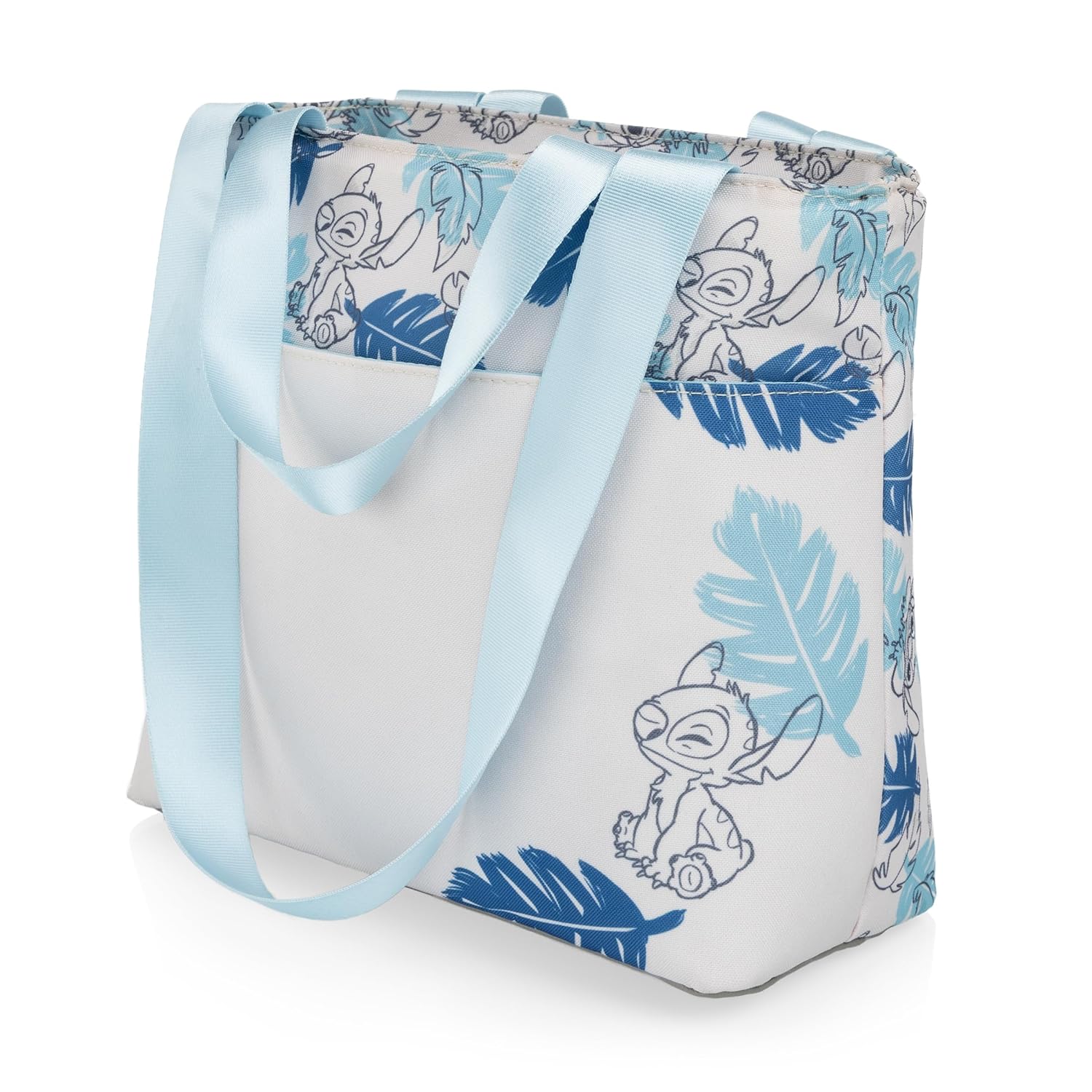 PICNIC TIME Disney Lilo & Stitch 6 Can Cooler Tote Insulated Lunch Bag for Work Travel and Outdoor Use, Waterproof Interior, Strap, Soft Portable Lunch Box Cooler (White with Blue Leaf Design)