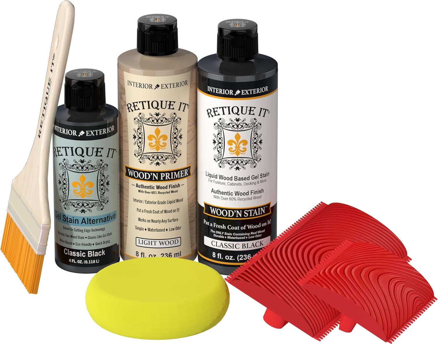 Retique It Muli-Purpose Wood Finish Kit - GO Beyond Faux Wood with Paintable Liquid Wood Based Primer and Gel Stain - Graining Tools Included (2X 8oz, Classic Black)