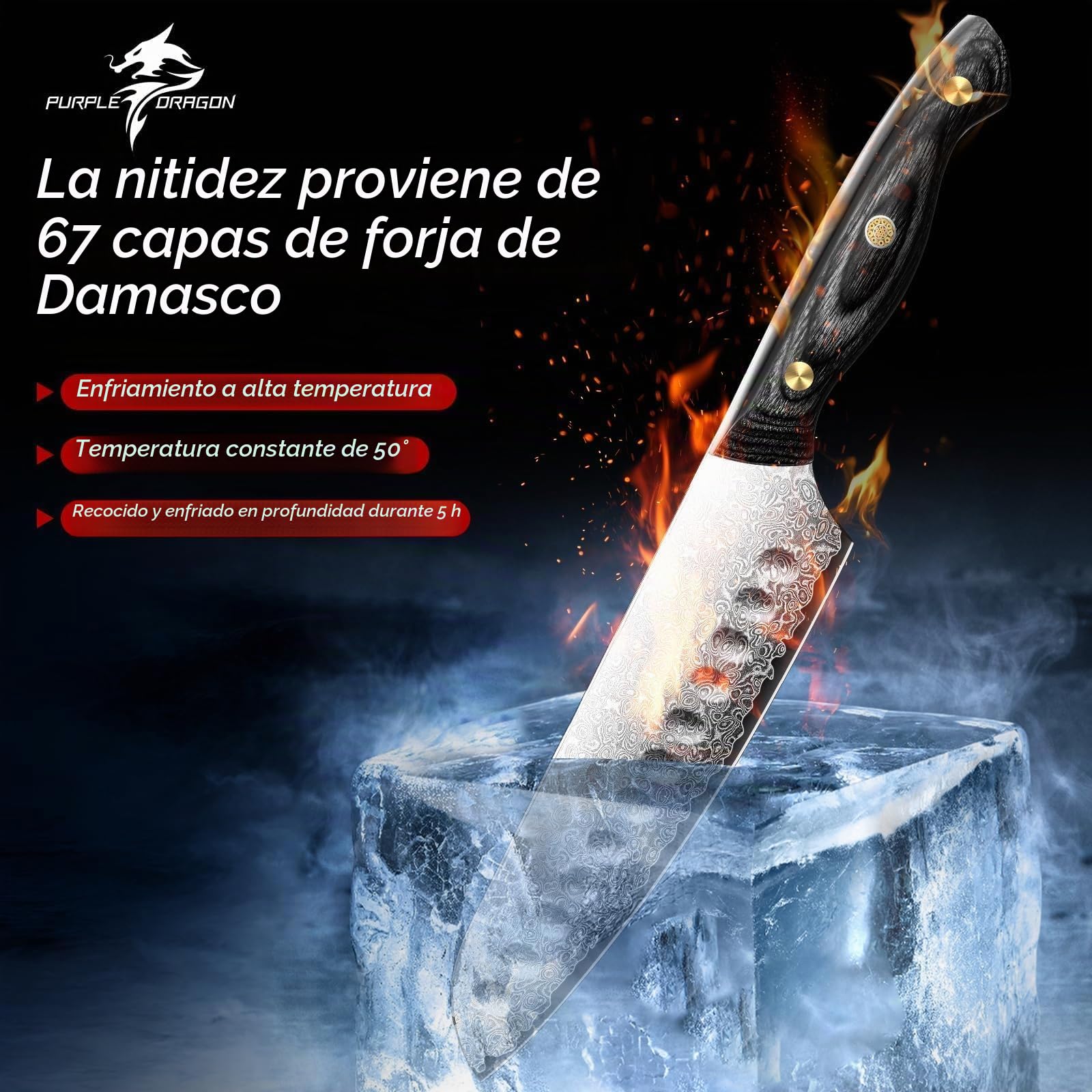Purple Dragon Cuchillo Santoku Damasco, Acero VG10, Mango Madera Ergonómico