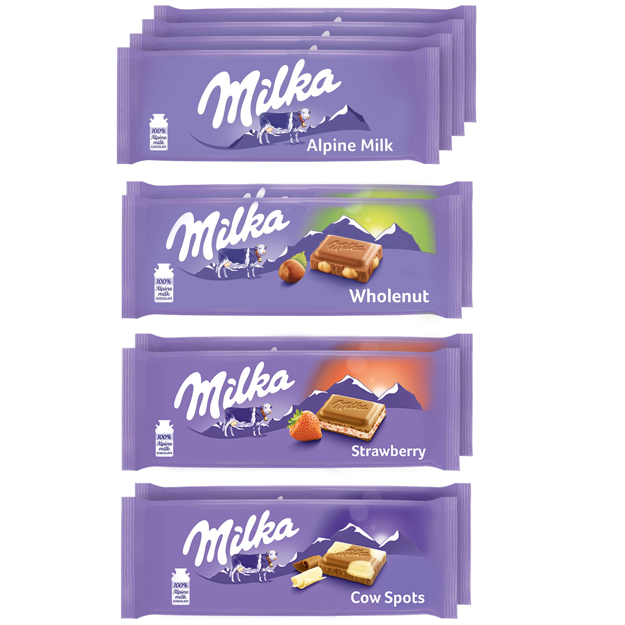 Milka European Chocolate Bars Variety Pack, Alpine Milk Chocolate, Cow Spots, Strawberry