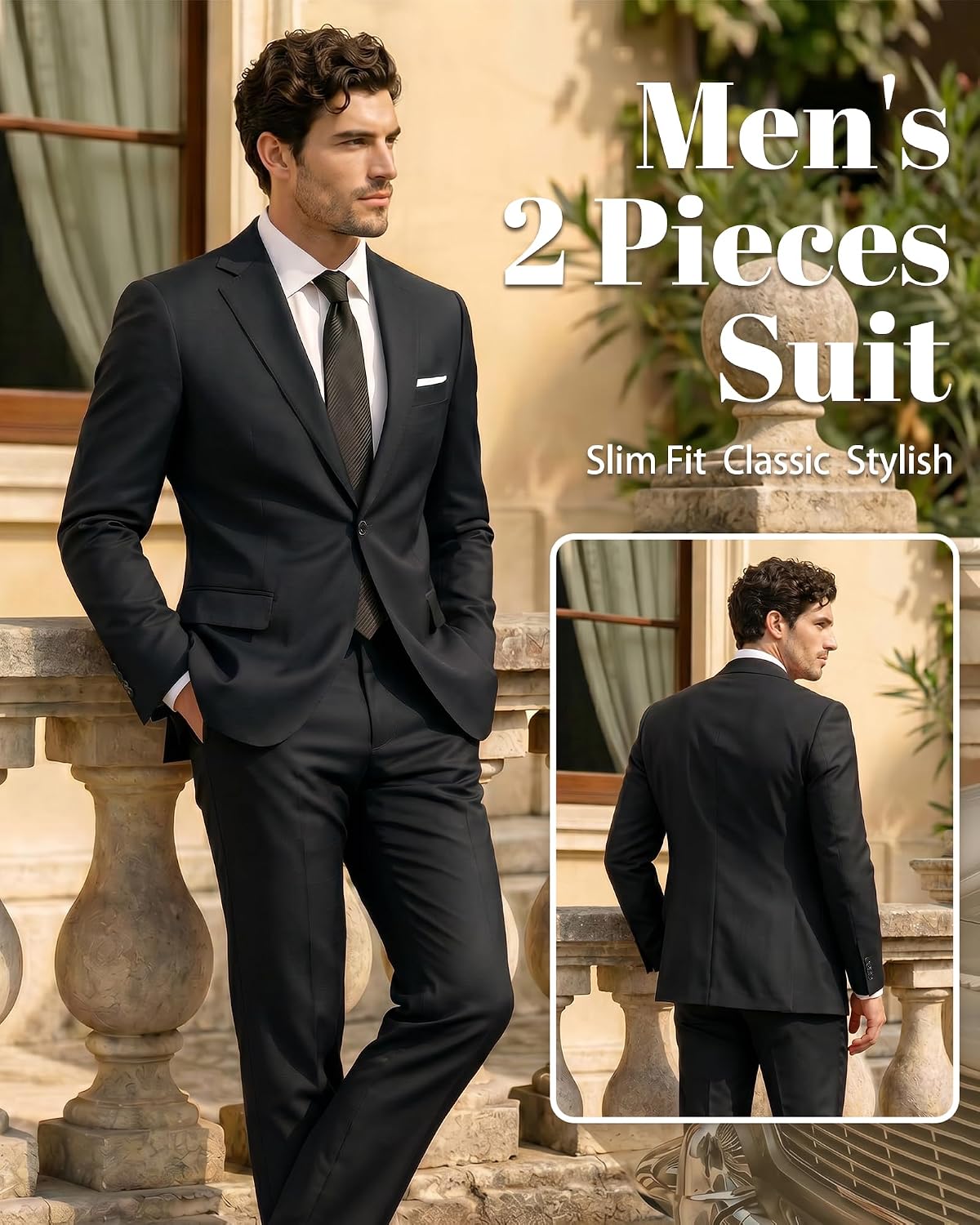 MY'S Men's 2 Piece Slim Fit Suit, One Button Jacket Pants Set with Tie