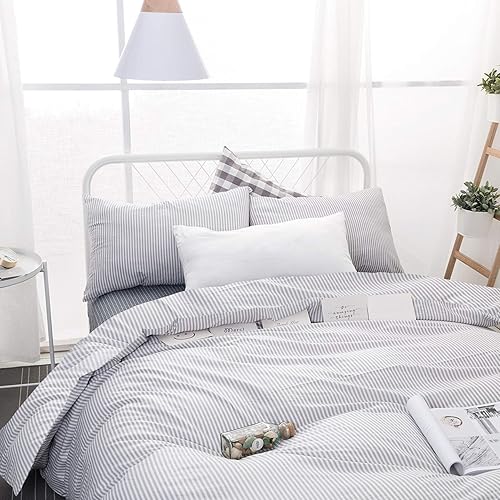 Miniatura 2 de Wake In Cloud - Juego de edredón gris y blanco Cal King, juego de ropa de cama ligero de algodón de 3 piezas para hombres y mujeres, diseño de rayas