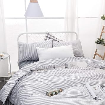 Wake In Cloud - Striped Comforter Set, 100% Cotton Fabric, Ticking Stripe Vertical Pinstripe Neutral Farmhouse Aesthetic, 3 Pieces Bedding Set, Gray, Twin/Twin XL Size