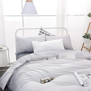 Wake In Cloud - Striped Comforter Set, 100% Cotton Fabric, Ticking Stripe Vertical Pinstripe Neutral Farmhouse Aesthetic, 3 Pieces Bedding Set, Gray, Queen Size