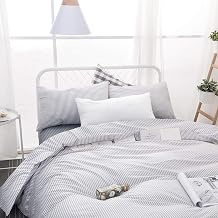 Wake In Cloud - Striped Comforter Set, 100% Cotton Fabric, Ticking Stripe Vertical Pinstripe Neutral Farmhouse Aesthetic, 3 Pieces Bedding Set, Gray, Queen Size