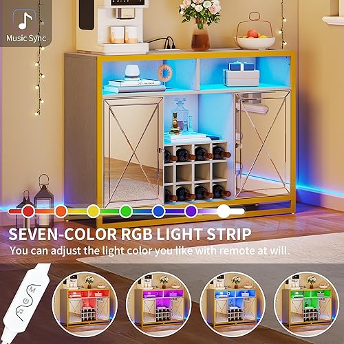 Miniatura 5 de DWVO Aparador de buffet con toma de corriente, gabinete de vino con espejo de 51 pulgadas con luz LED, gabinete de almacenamiento de licor para el