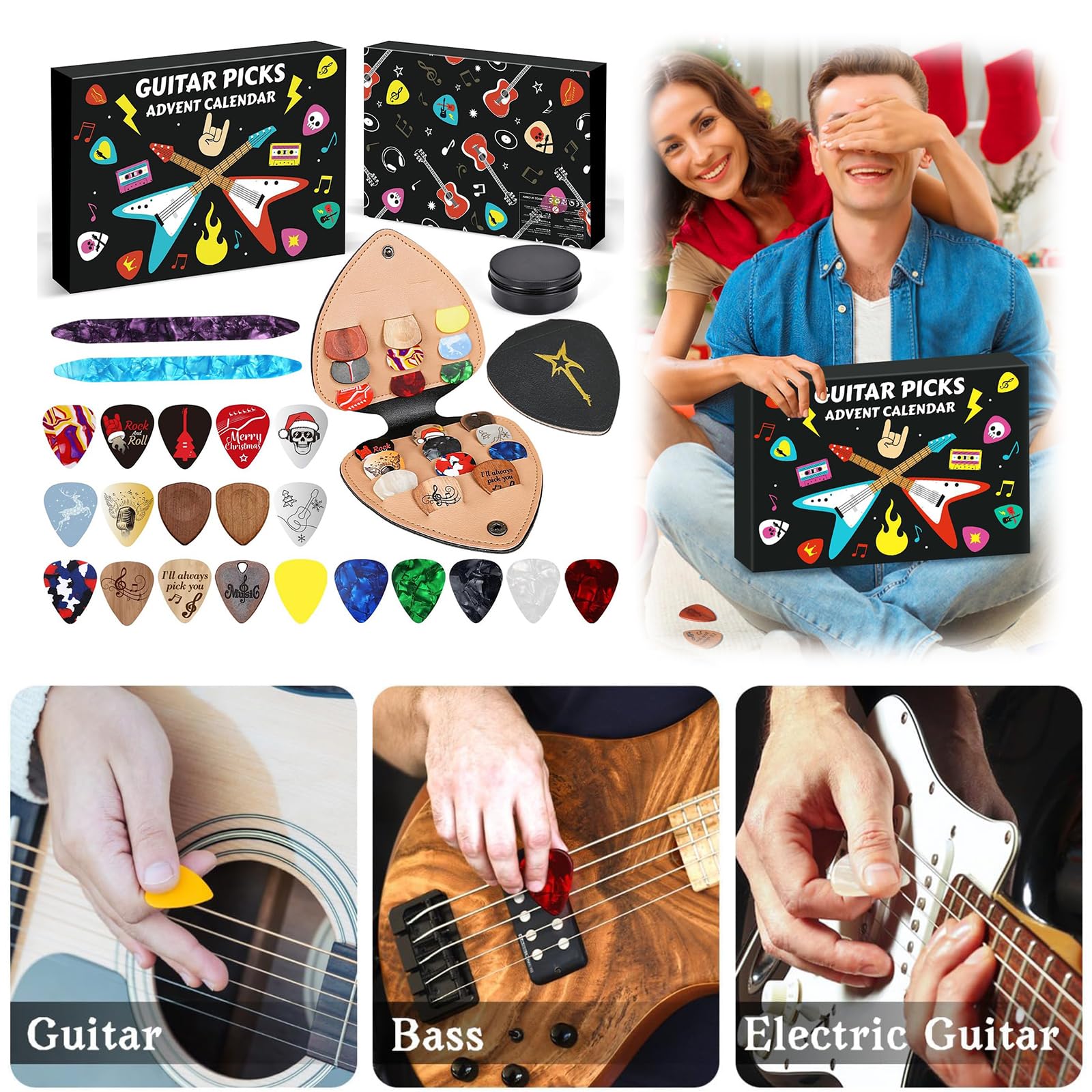 Kostki do gitary Kalendarz adwentowy 2025, skórzany uchwyt i metalowa obudowa, 24 dni muzycznych niespodzianek, prezent dla gitarzysty - 2 szt