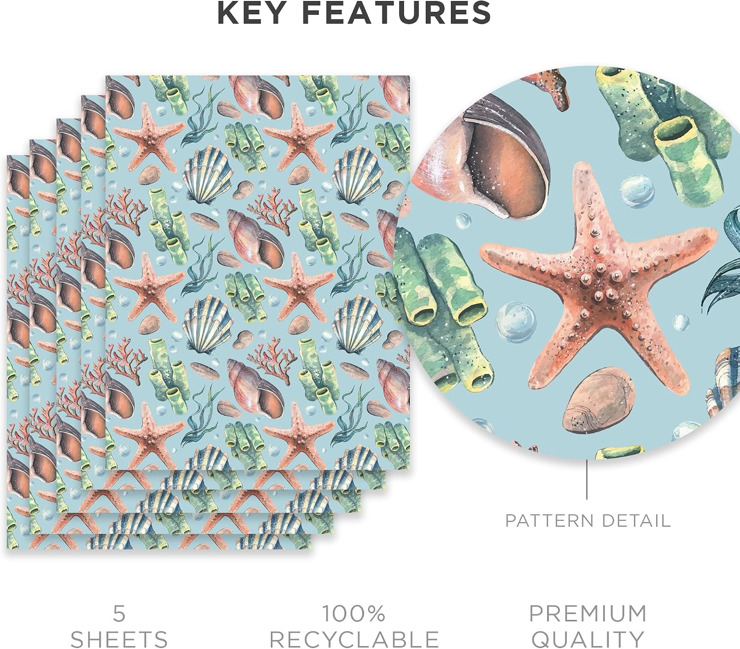 Journo Seashell Wrapping Paper Sheets – Coastal Ocean Gift Wrap with Starfish & Seashell Design, 5 Premium Sheets, Durable Beach Wrapping Paper for Birthdays & Holidays, 28 x 20 Inches image 2